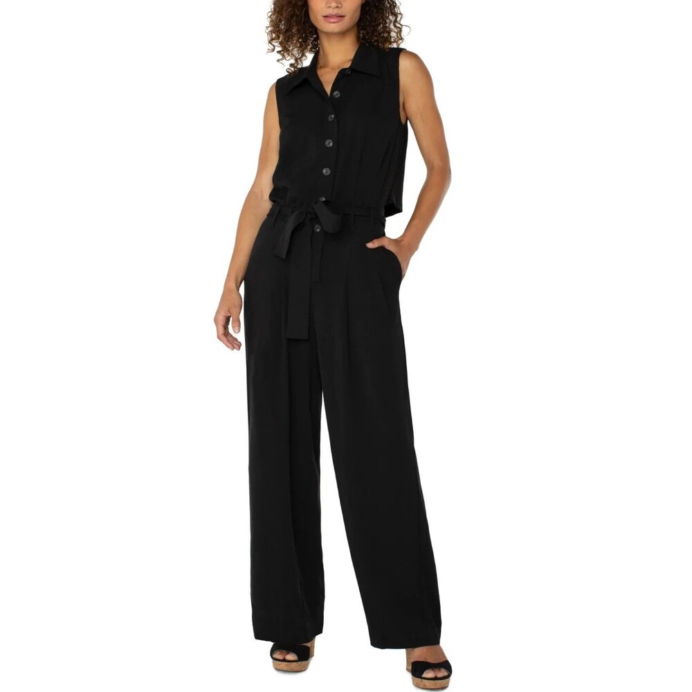 Liverpool Los Angeles Sleeveless Wide Leg Jumpsuit Black Tie Belt Rayon Blend S